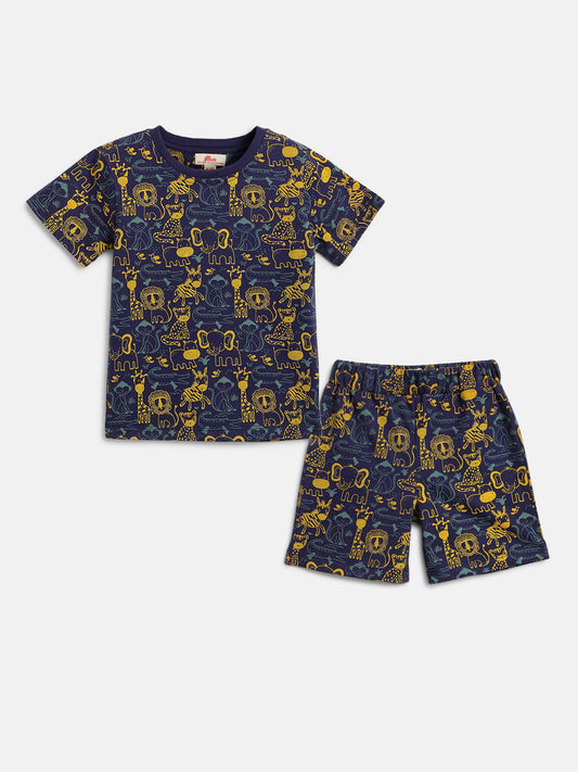 Navy Blue 100% Cotton Regular Fit Printed Coord Set
