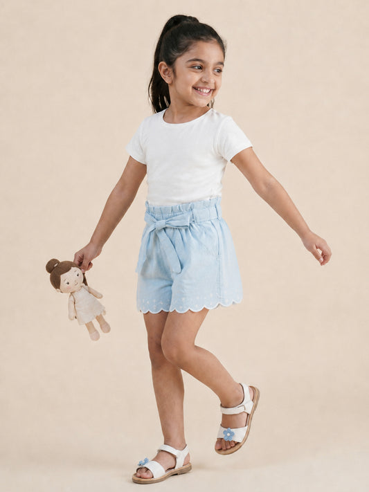 Floral Fun Paper Bag Shorts for Girls (Sky Blue)
