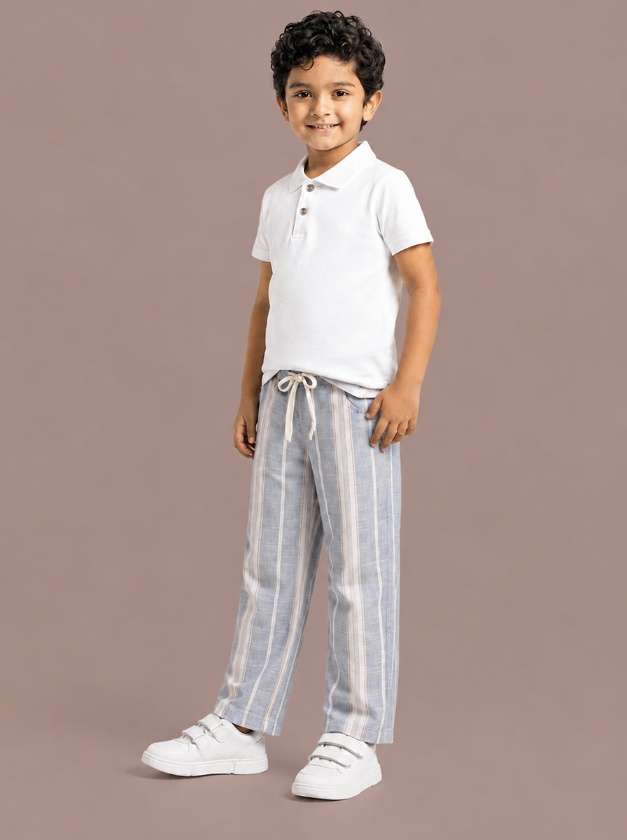 Blue Striped Cotton Linen Relaxed Fit Trousers
