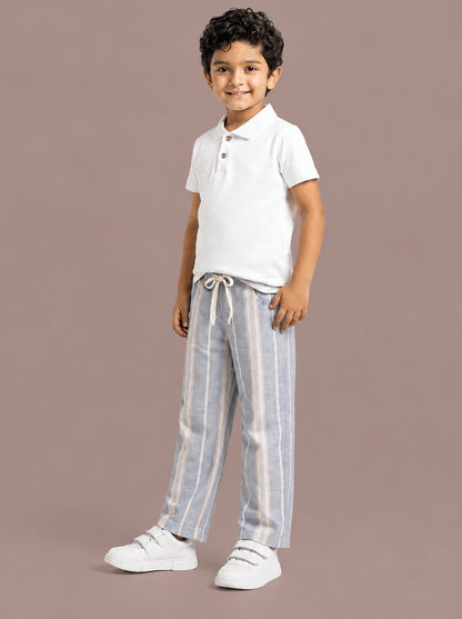 Blue Striped Cotton Linen Relaxed Fit Trousers