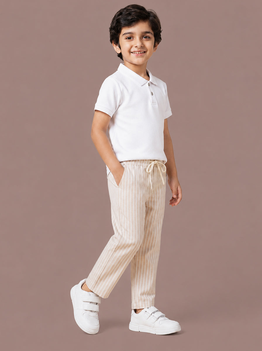 Beige Striped Cotton Linen Relaxed Fit Trousers