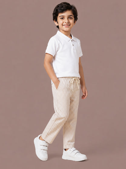 Beige Striped Cotton Linen Relaxed Fit Trousers