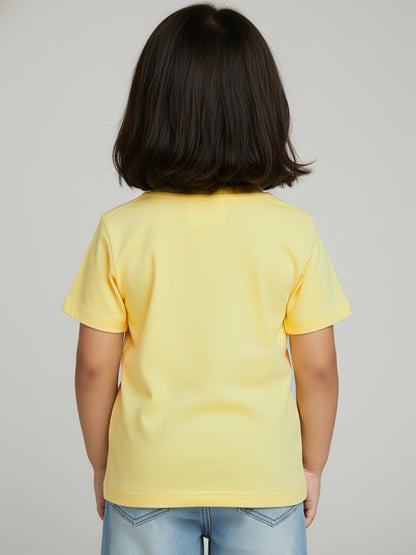 Yellow 100% Cotton Unique Puff Printed Short Sleeves T-shirt for Girls