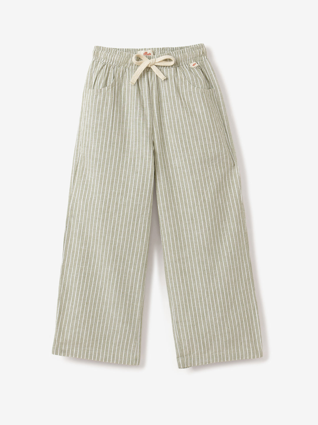 Green Striped Cotton Linen Relaxed Fit Trousers