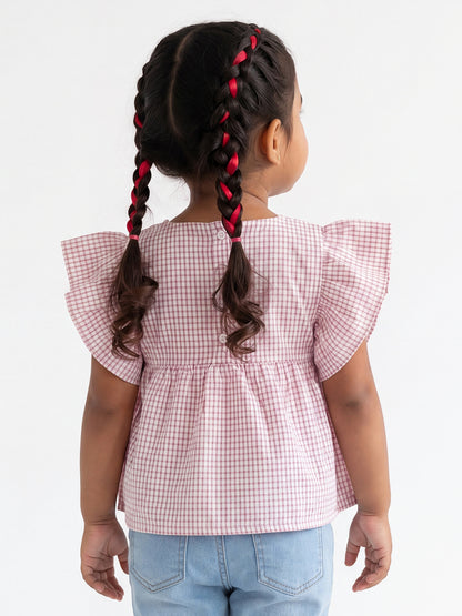 Checked Flounce Sleeve Top for Girls in Red