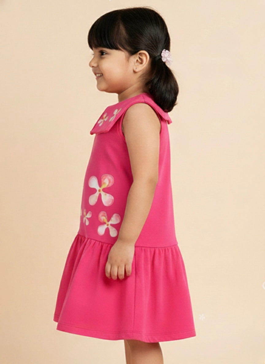 Fuchsia Pink 100% Cotton Peter Pan Collar Checked Dress