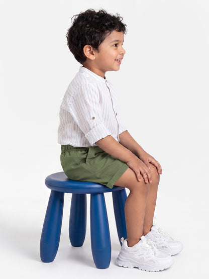 Summer Vibes Striped Shorts for Boys in Olive Green