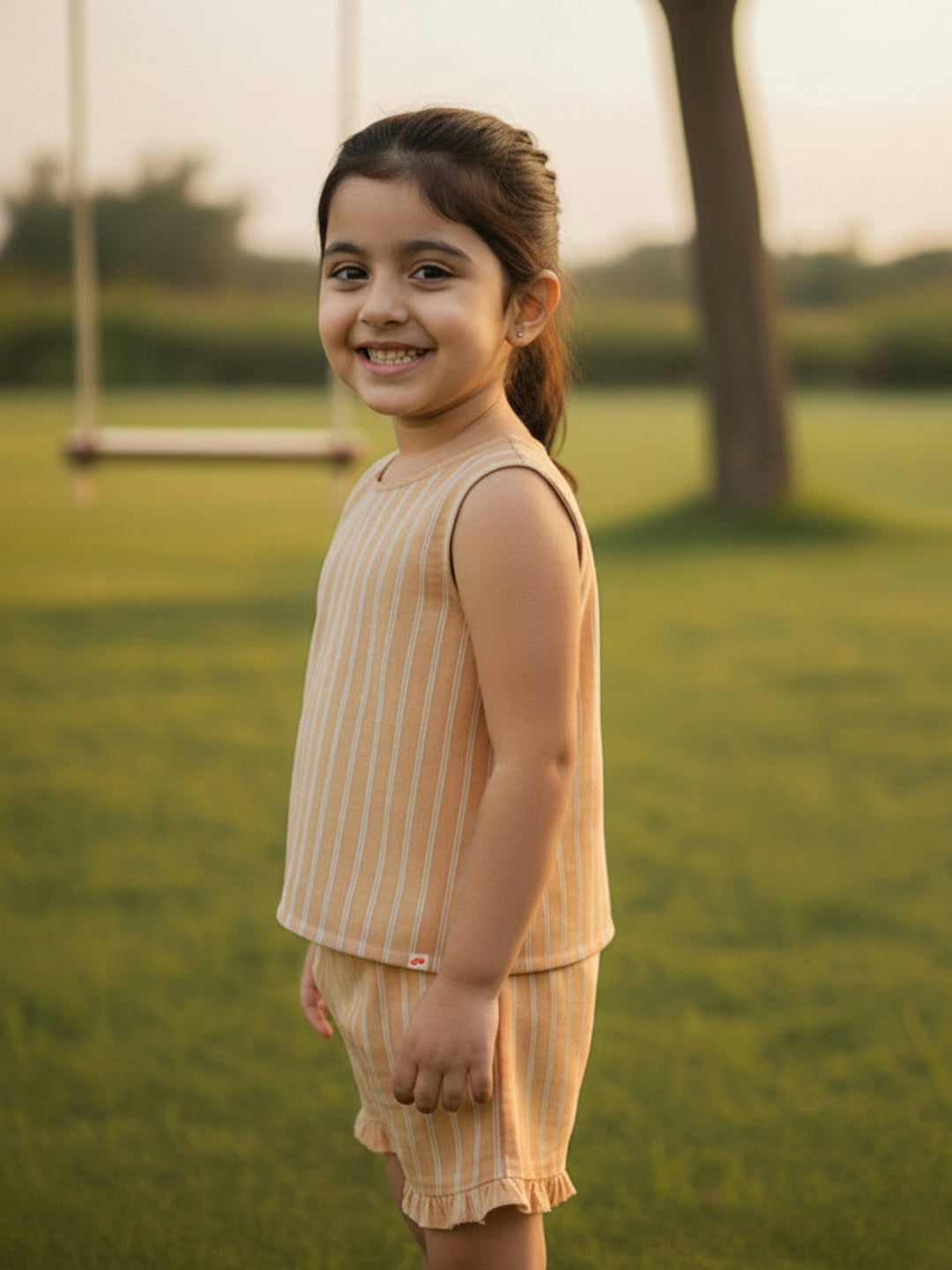 Beige 100% Cotton Striped Boxy Fit Coord Set