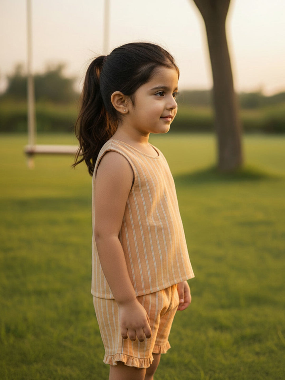 Beige 100% Cotton Striped Boxy Fit Coord Set