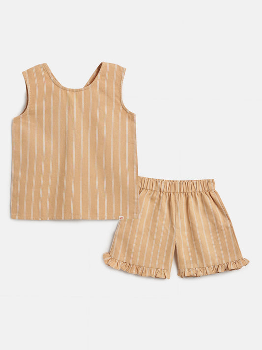 Beige 100% Cotton Striped Boxy Fit Coord Set