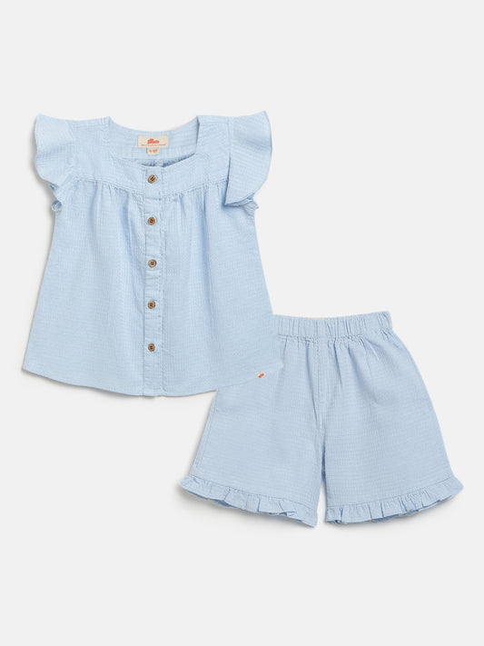 Sky Blue 100% Cotton Waffle Textured Short Frill Sleeves Coord Set