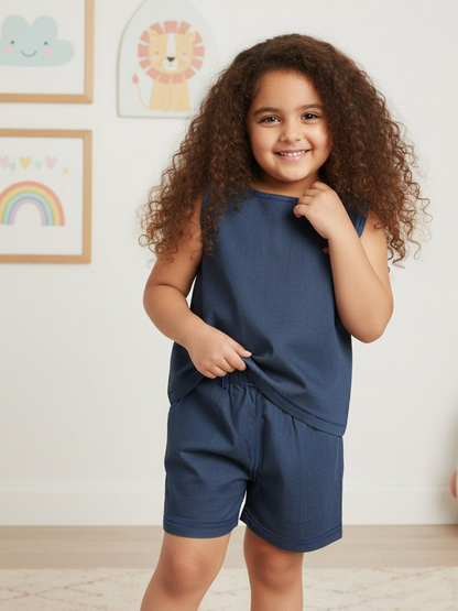 Blue 100% Cotton Denim Finish Coord Set