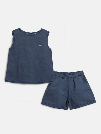 Blue 100% Cotton Denim Finish Coord Set