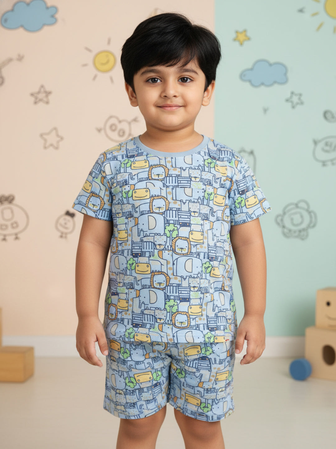Blue 100% Cotton Oversized Fit Printed Coord Set for Boys