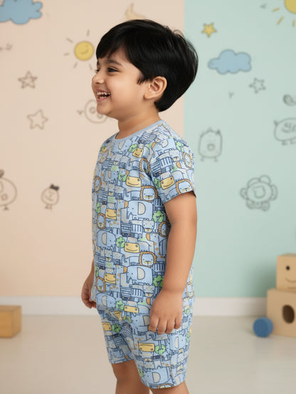 Blue 100% Cotton Oversized Fit Printed Coord Set for Boys
