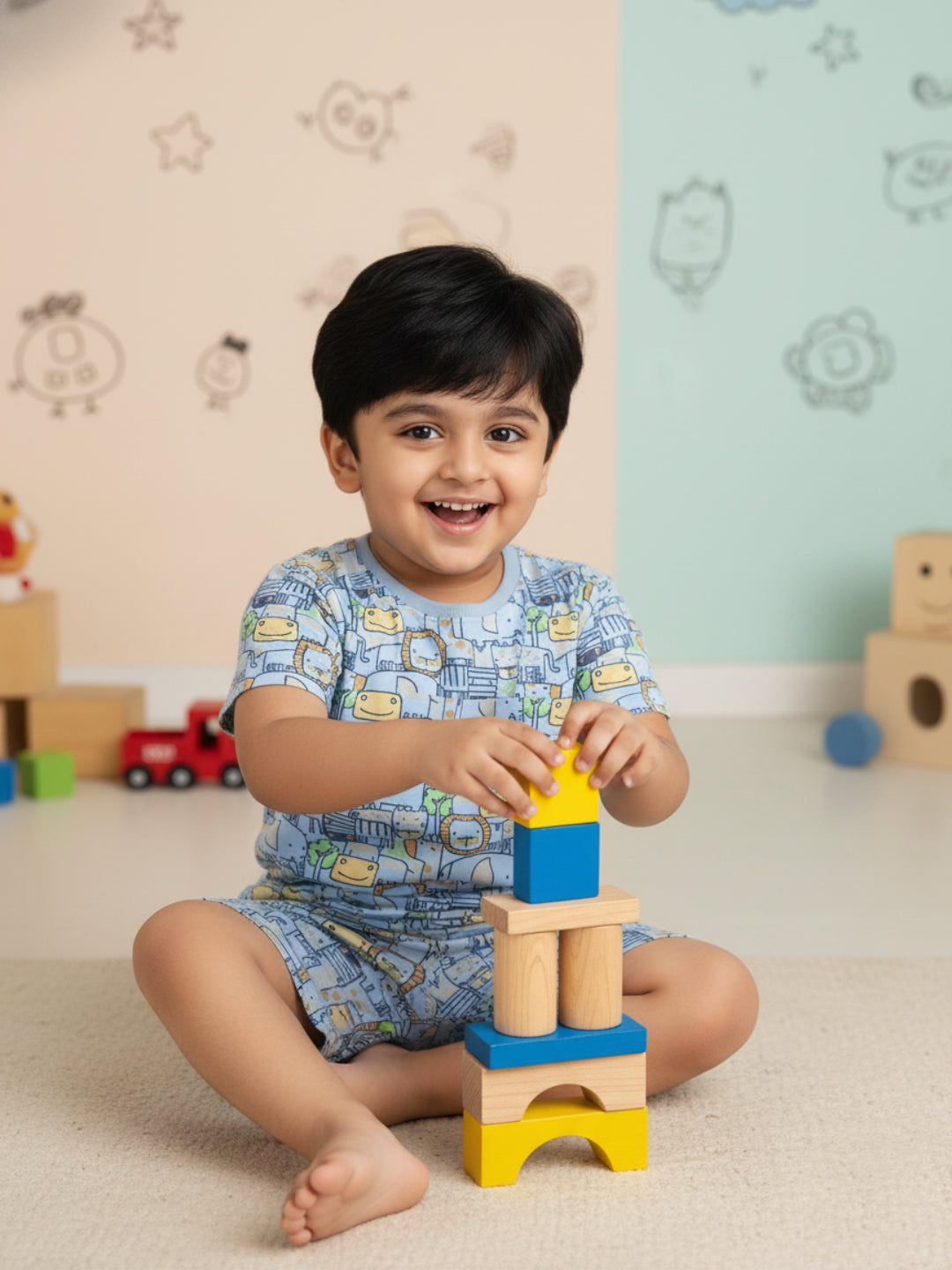 Blue 100% Cotton Oversized Fit Printed Coord Set for Boys