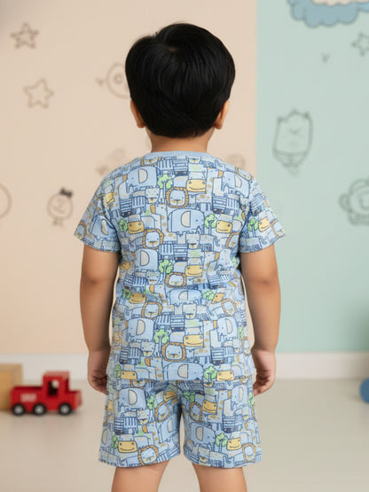 Blue 100% Cotton Oversized Fit Printed Coord Set for Boys
