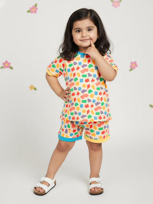 Cream 100% Cotton Oversized Fit Printed Coord Set for Girls