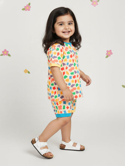 Cream 100% Cotton Oversized Fit Printed Coord Set for Girls