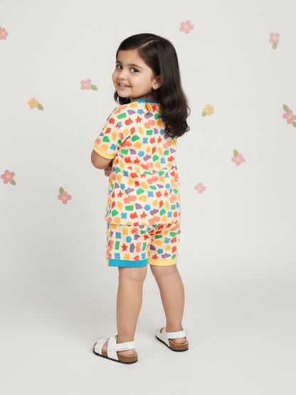 Cream 100% Cotton Oversized Fit Printed Coord Set for Girls