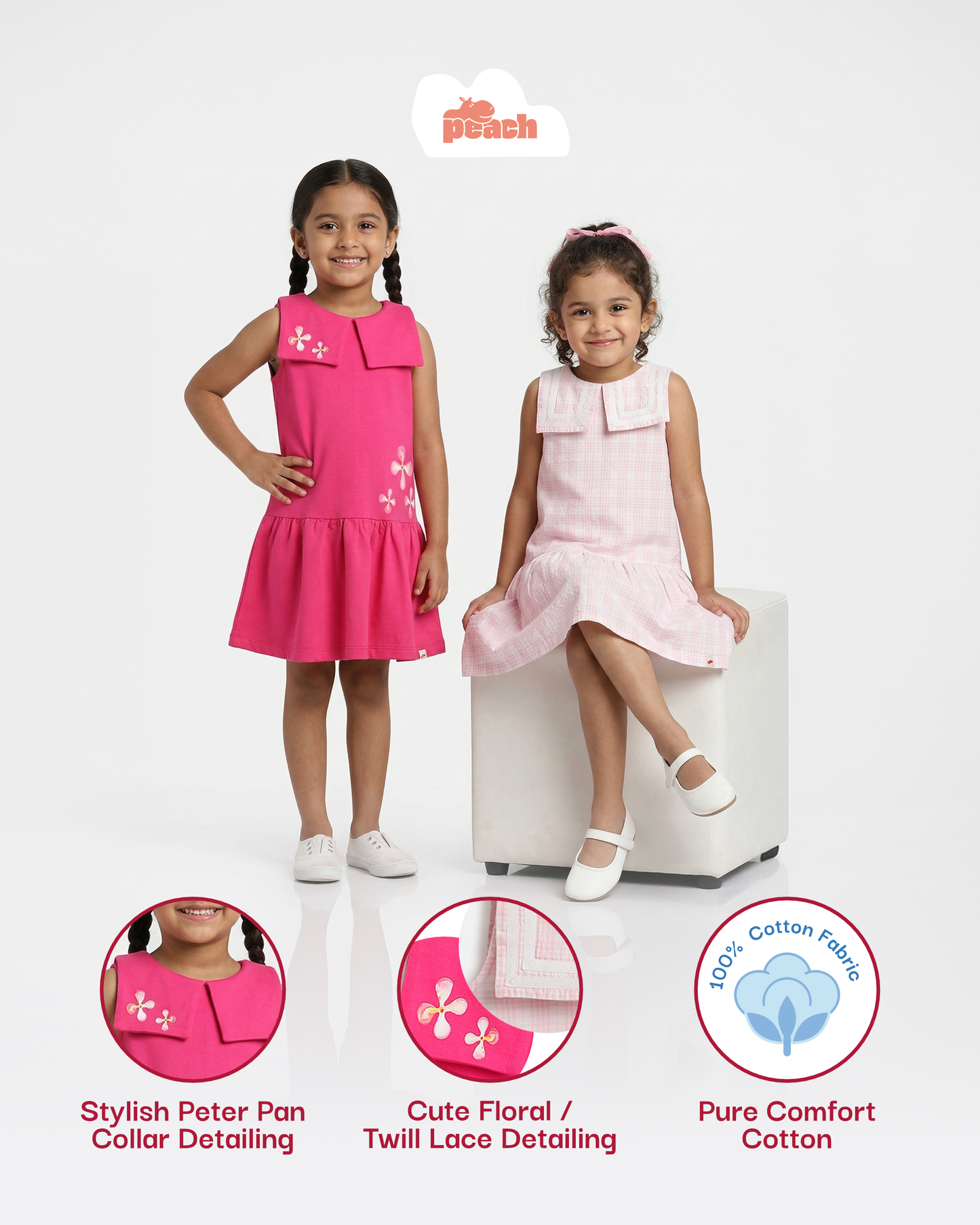 Peterpan Checked Sleeveless Dress for Girls (Pink)