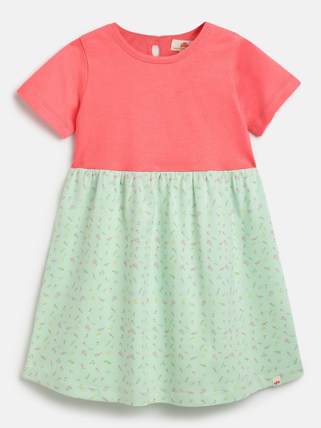 Pink and Green 100% Cotton Animal Printed Short Sleeves Dress