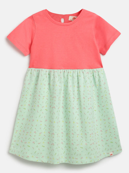 Pink and Green 100% Cotton Animal Printed Short Sleeves Dress