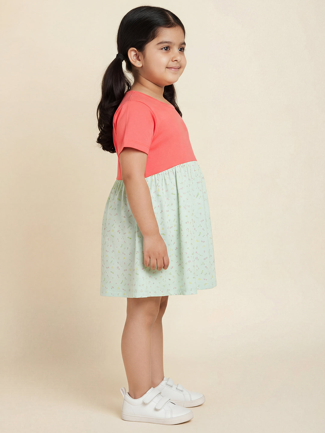 Pink and Green 100% Cotton Animal Printed Short Sleeves Dress