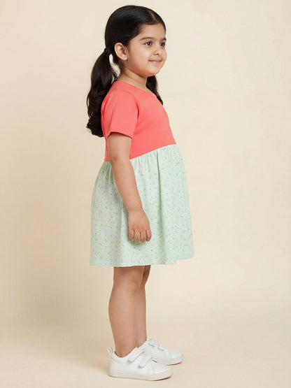 Pink and Green 100% Cotton Animal Printed Short Sleeves Dress