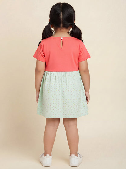 Pink and Green 100% Cotton Animal Printed Short Sleeves Dress