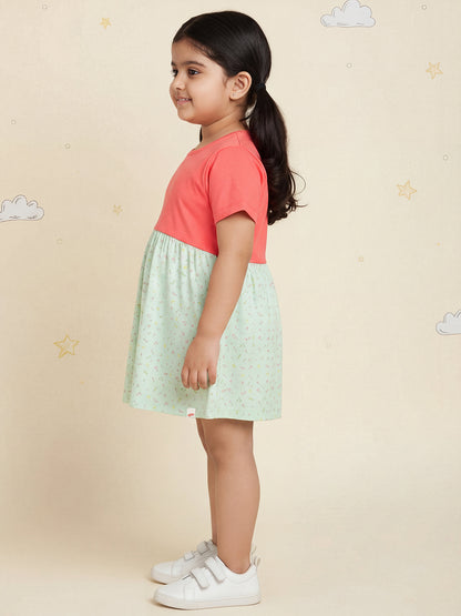 Pink and Green 100% Cotton Animal Printed Short Sleeves Dress