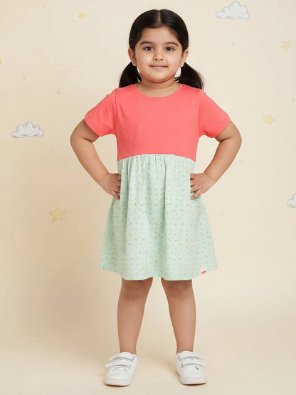 Pink and Green 100% Cotton Animal Printed Short Sleeves Dress