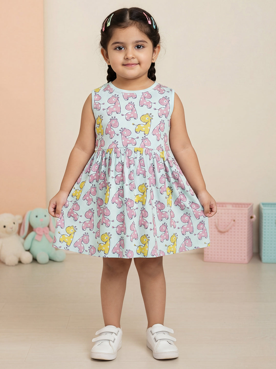 Blue 100% Cotton Animal Printed Sleeveless Dress