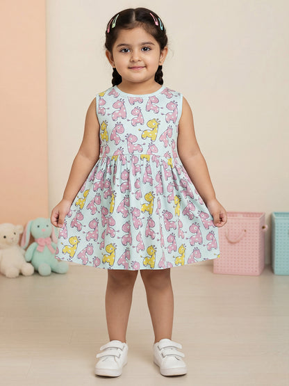 Blue 100% Cotton Animal Printed Sleeveless Dress