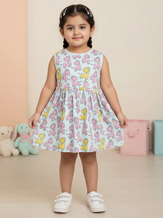 Blue 100% Cotton Animal Printed Sleeveless Dress