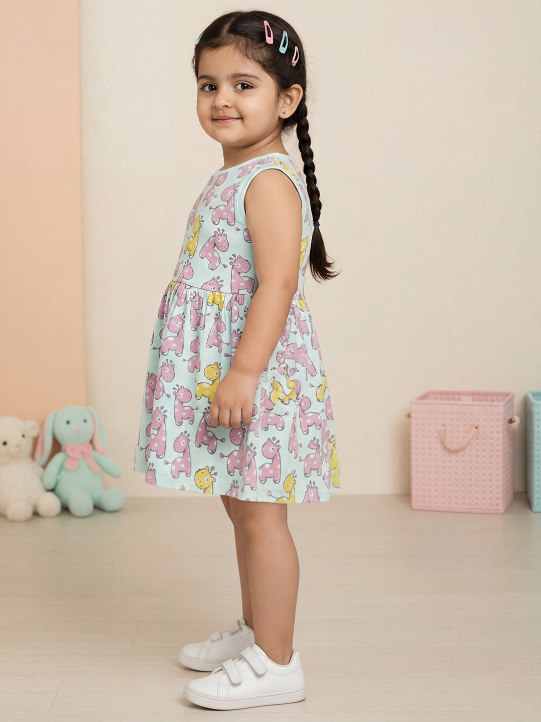 Blue 100% Cotton Animal Printed Sleeveless Dress