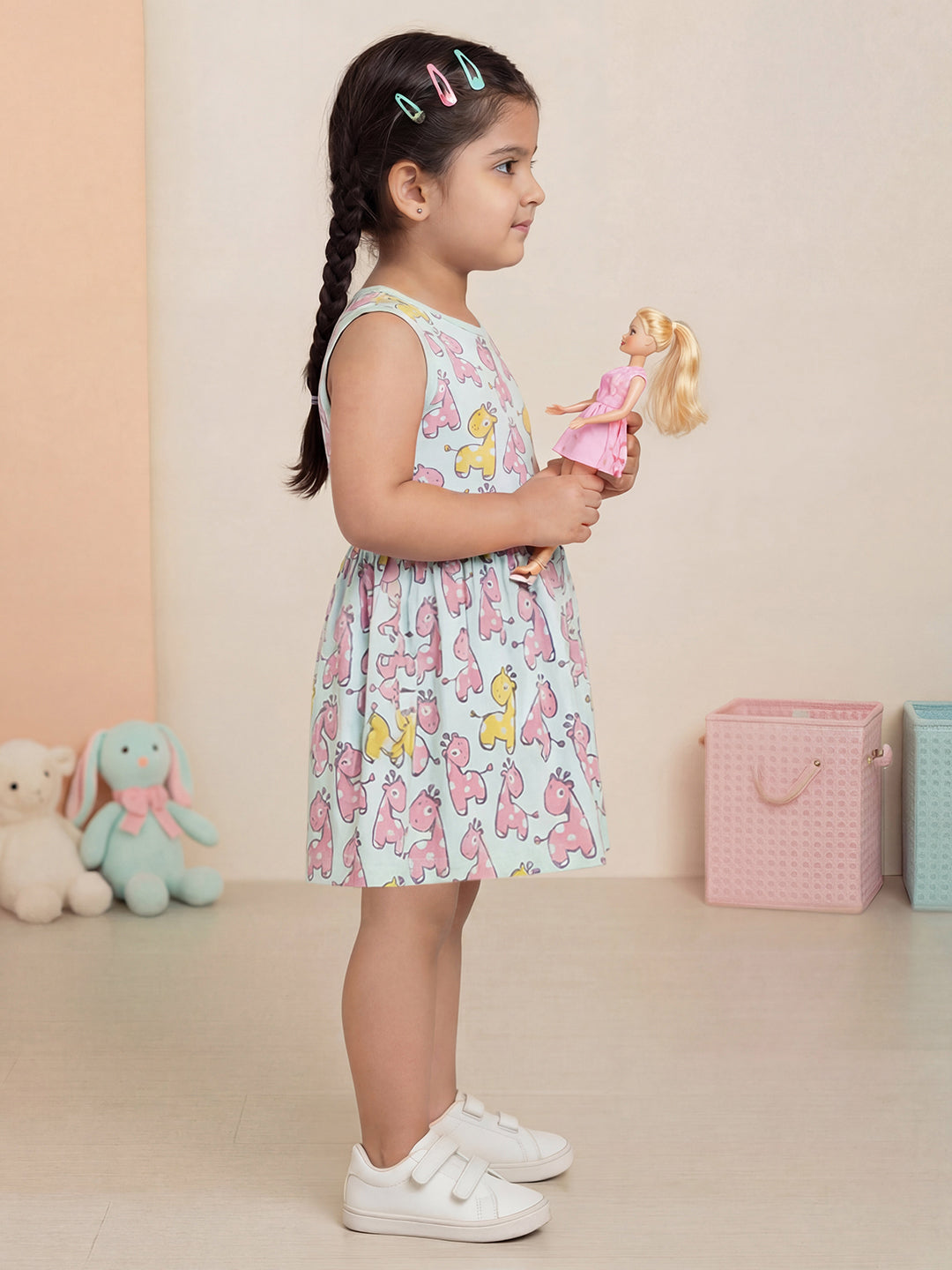 Blue 100% Cotton Animal Printed Sleeveless Dress