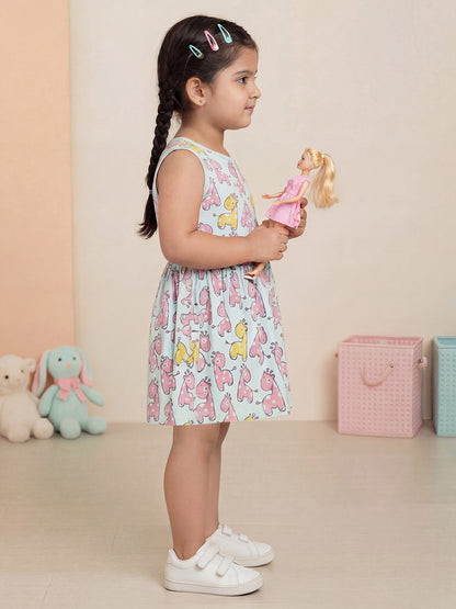 Blue 100% Cotton Animal Printed Sleeveless Dress