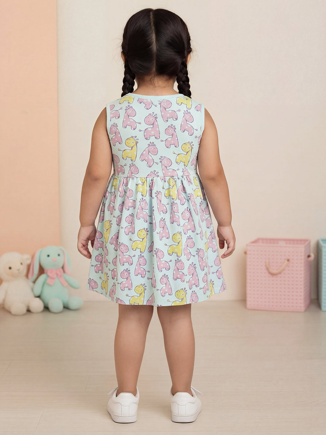 Blue 100% Cotton Animal Printed Sleeveless Dress