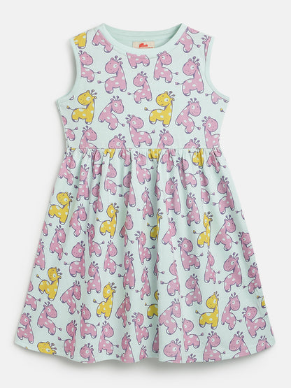 Blue 100% Cotton Animal Printed Sleeveless Dress