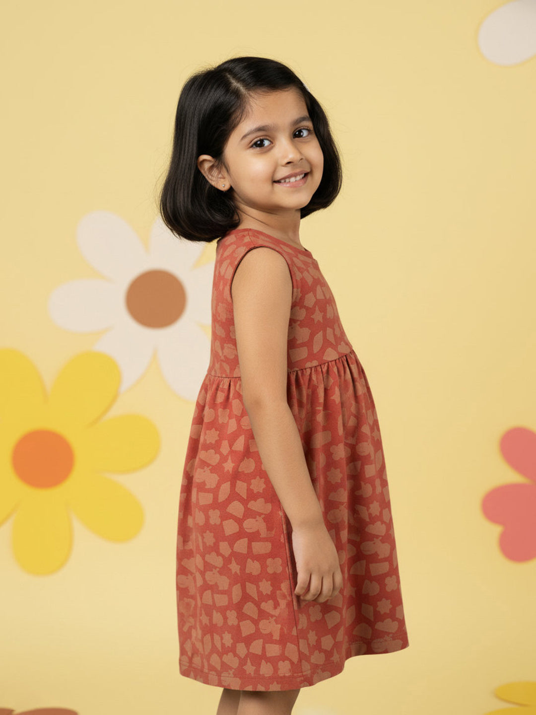 Rust 100% Cotton Printed Sleeveless Dress