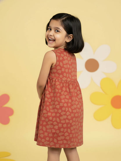 Rust 100% Cotton Printed Sleeveless Dress