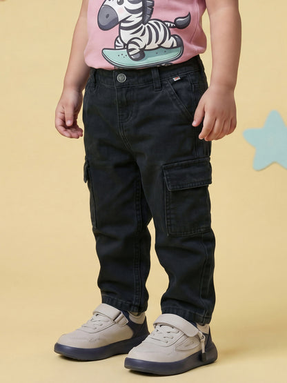 Black 100% Cotton Functional and Stylish Relaxed Fit Cargo Jeans for Boys