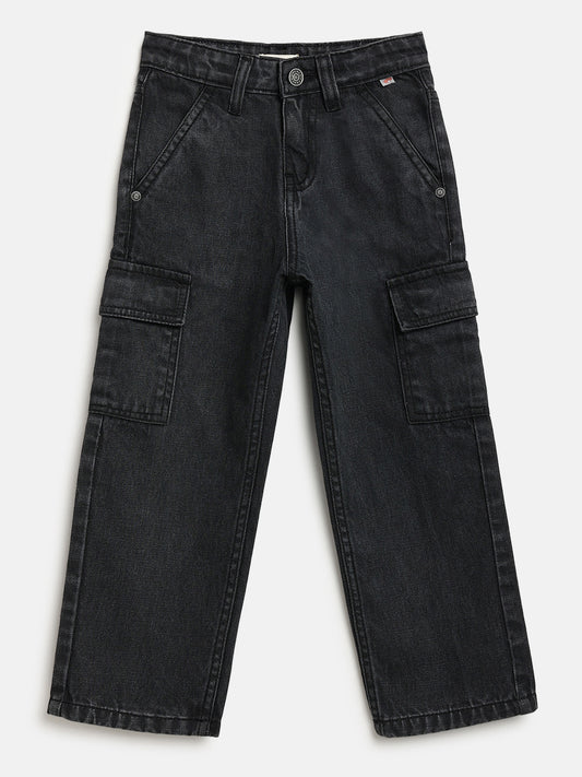 Black 100% Cotton Functional and Stylish Relaxed Fit Cargo Jeans for Boys