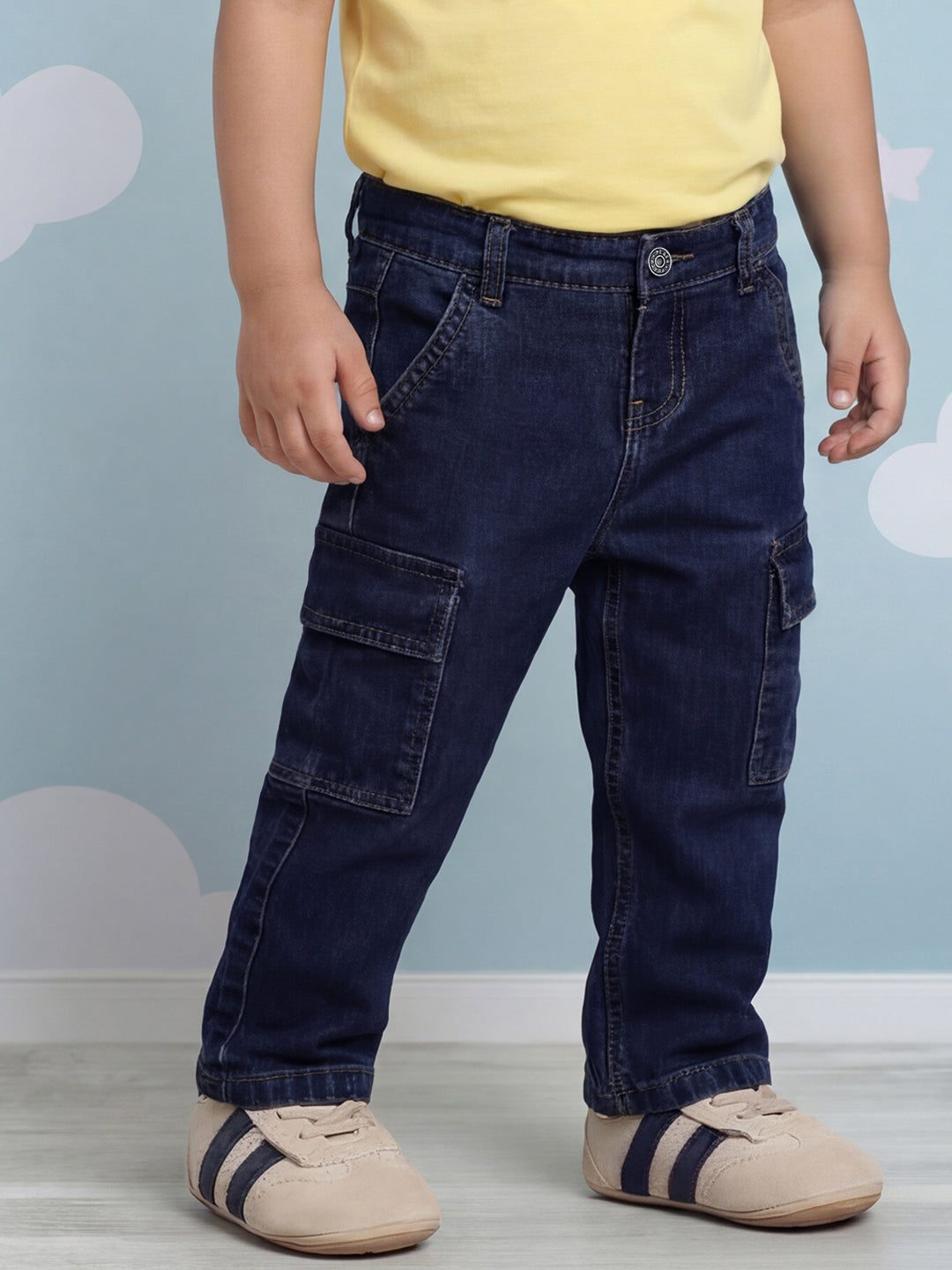 Indigo 100% Cotton Functional and Stylish Relaxed Fit Cargo Jeans for Boys
