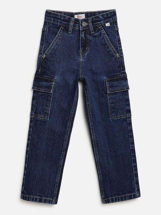 Indigo 100% Cotton Functional and Stylish Relaxed Fit Cargo Jeans for Boys