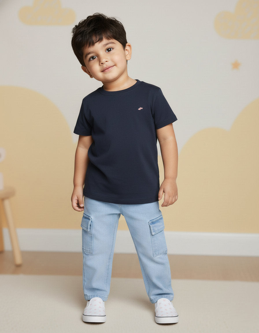 Light Blue 100% Cotton Functional and Stylish Relaxed Fit Cargo Jeans for Boys