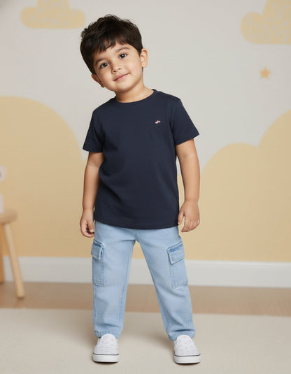 Light Blue 100% Cotton Functional and Stylish Relaxed Fit Cargo Jeans for Boys