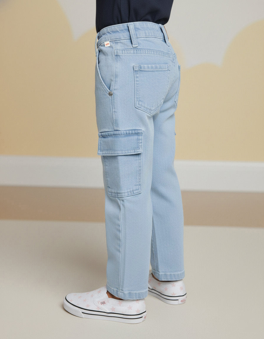 Light Blue 100% Cotton Functional and Stylish Relaxed Fit Cargo Jeans for Boys