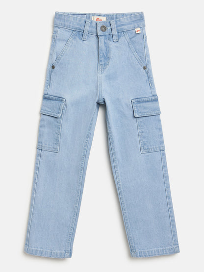 Light Blue 100% Cotton Functional and Stylish Relaxed Fit Cargo Jeans for Boys